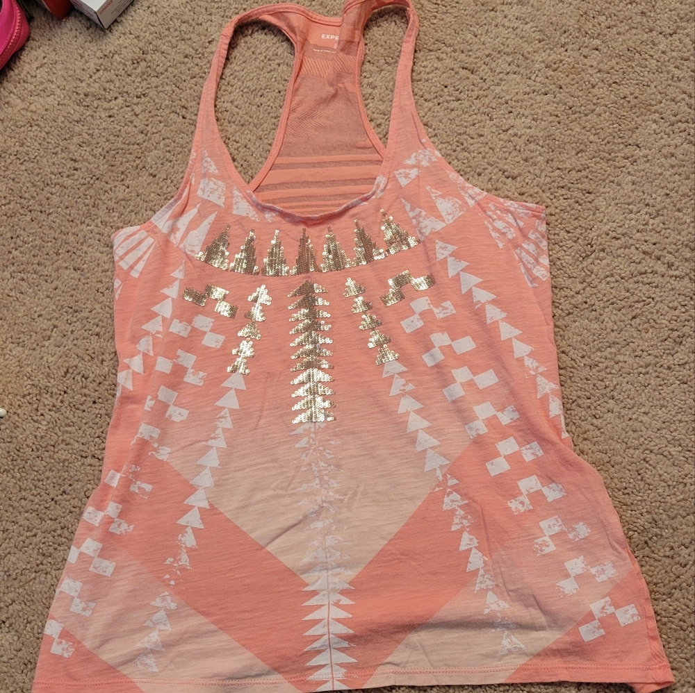 Express Peach and White Geometric Tank Top